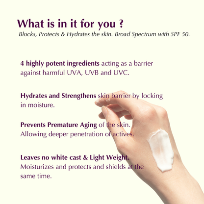 BROAD SPECTRUM PROTECTION & HYDRATION | Hyaluronic Acid Vitamin E SPF50 PA+++ Hybrid sunscreen