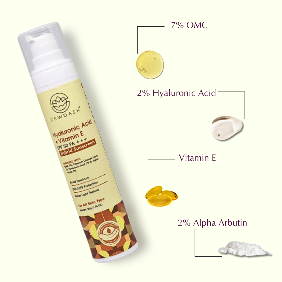 BROAD SPECTRUM PROTECTION & HYDRATION | Hyaluronic Acid Vitamin E SPF50 PA+++ Hybrid sunscreen